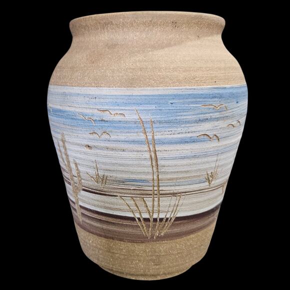 Prairie Pottery Vase Desert Scene Blue Brown Tan Handmade Southwest Art - Picture 4 of 7